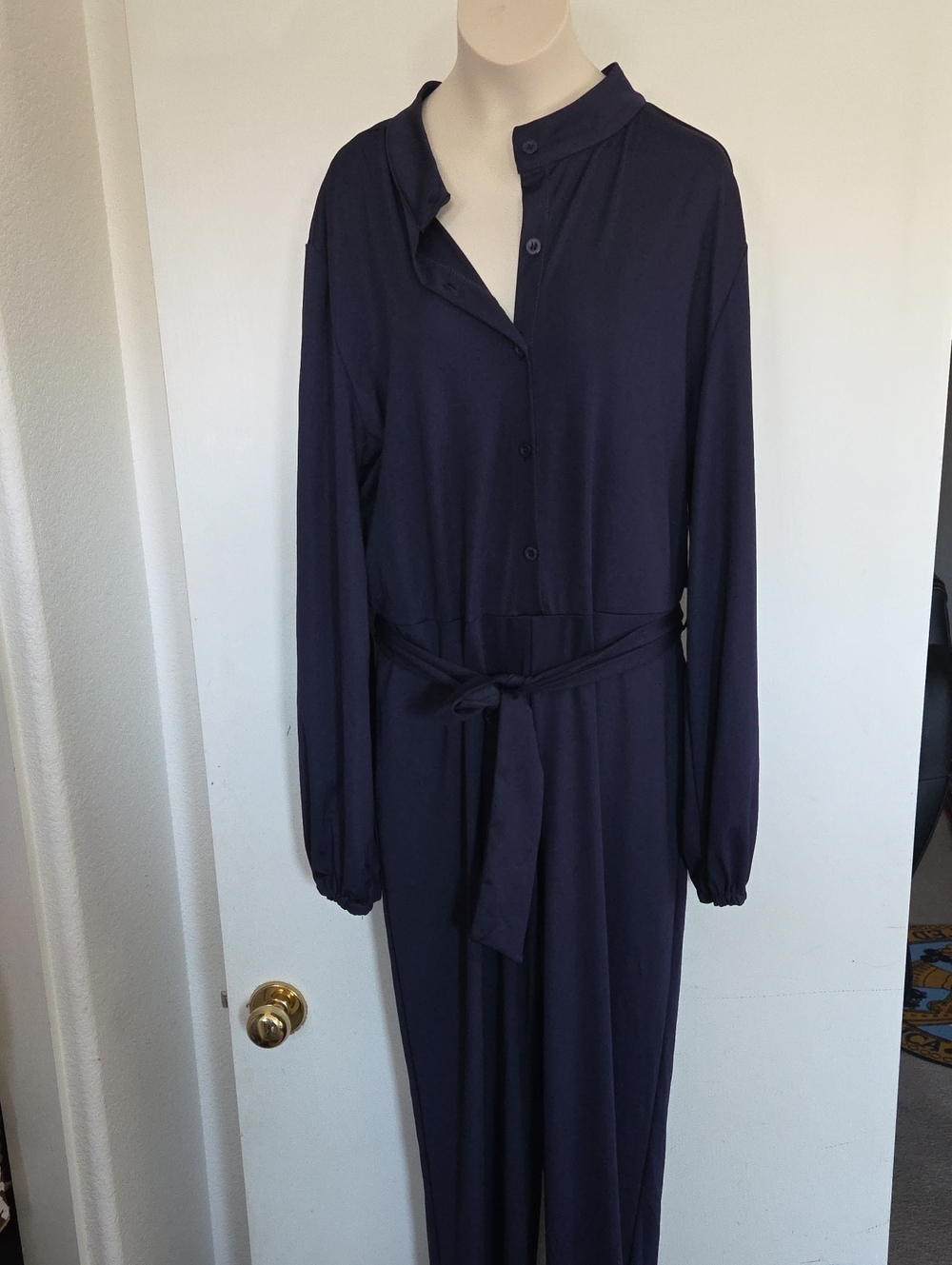 Navy Long Sleeve Button Jumpsuit with Tie Waist
